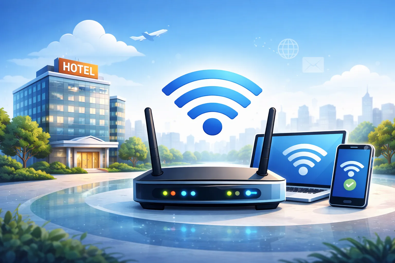 Hotel Wi-Fi network serving a laptop and phone from a single router